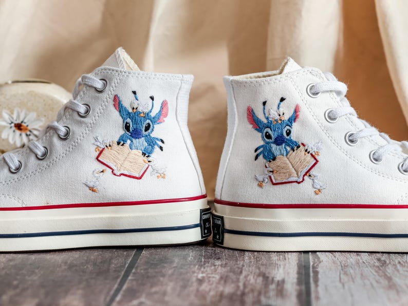 Custom Blue Alien Embroidered Converse High Tops, Converse Embroidery Book, Blue Alien Embroidered Shoes Custom,  Birthday Gifts for Her