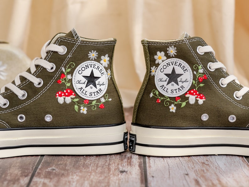 Customized Converse Embroidered Shoes, Mushrooms Embroidered Sneakers Women, Gardens Mushrooms, Strawberry Embroidered Converse Chuck Taylor