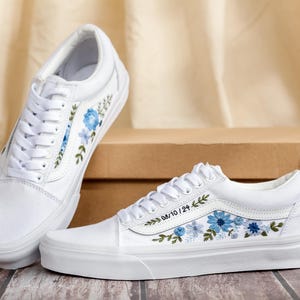 Bridal Flowers Embroidered Vans Wedding for Bride, Custom Vans Embroidery Floral Blue Embroidered Vans Slip On, Wedding Sneake, Gift For Her