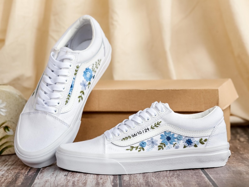 Bridal Flowers Embroidered Vans Wedding for Bride, Custom Vans Embroidery Floral Blue Embroidered Vans Slip On, Wedding Sneake, Gift For Her