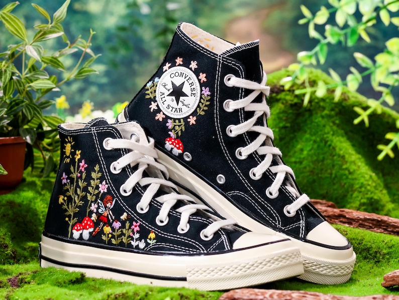 Custom Embroidered Converse High Tops, Angel, Flowers, Mushroom Embroidered Shoes,garden and Flowers Embroidered Sneakers, Gift for Her