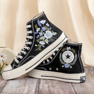Custom Converse Embroidered, Flowers Embroidered Converse Women, Blue Flax and Flowers Embroidered Sneakers, Lavender Embroidered Sneakers