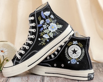 Custom Converse Embroidered, Flowers Embroidered Converse Women, Blue Flax and Flowers Embroidered Sneakers, Lavender Embroidered Sneakers