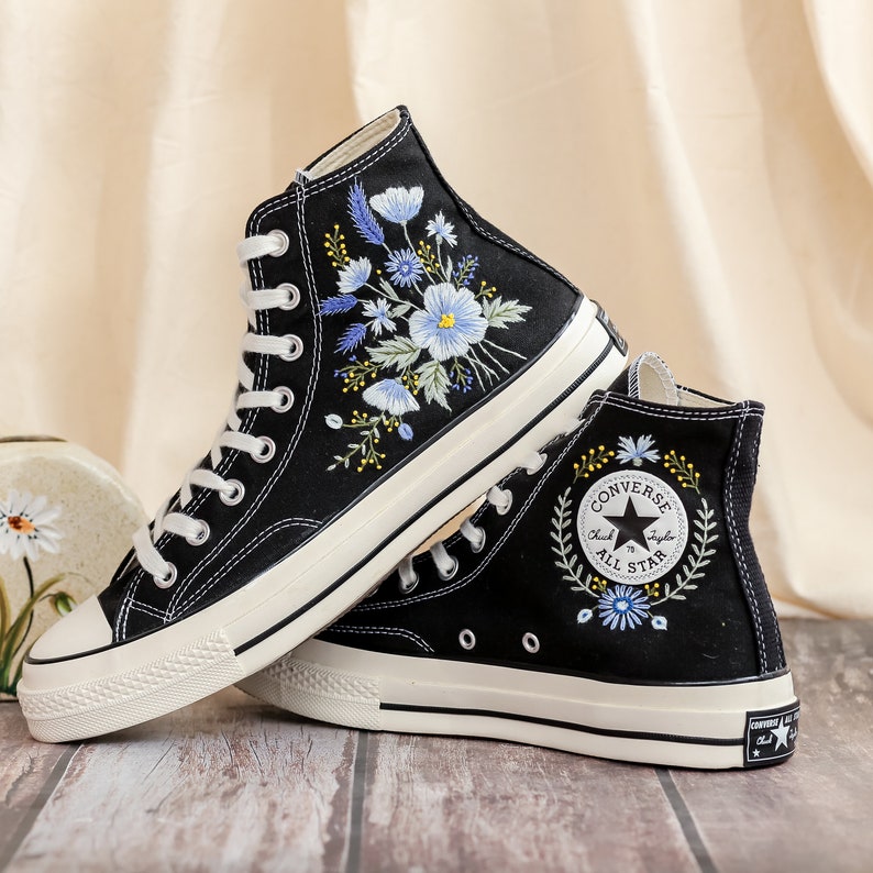 Custom Converse Embroidered, Flowers Embroidered Converse Women, Blue Flax and Flowers Embroidered Sneakers, Lavender Embroidered Sneakers