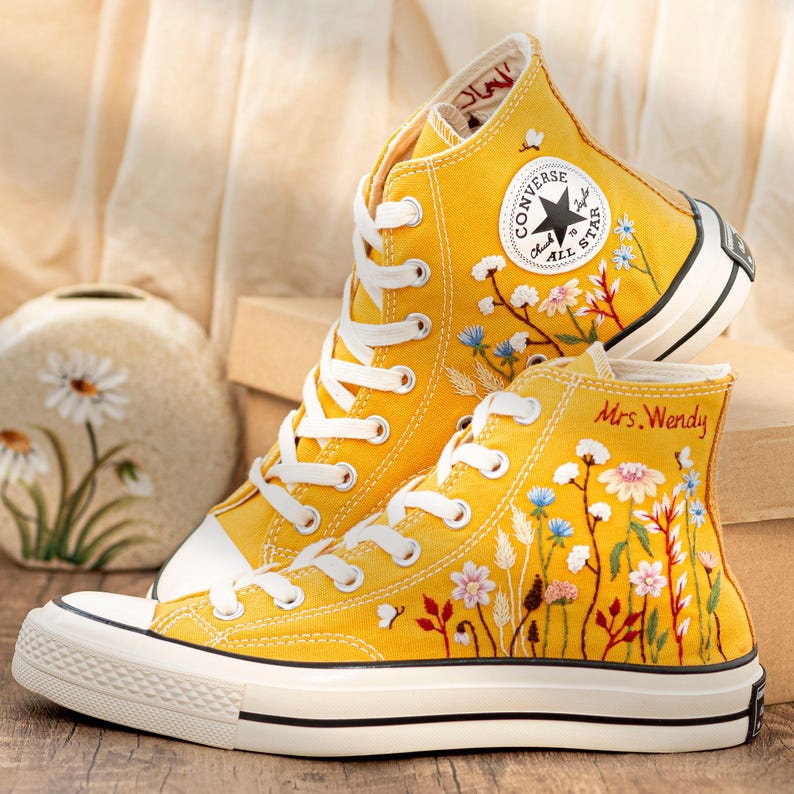 Custom Embroidered Converse: Garden Flower & Name Design