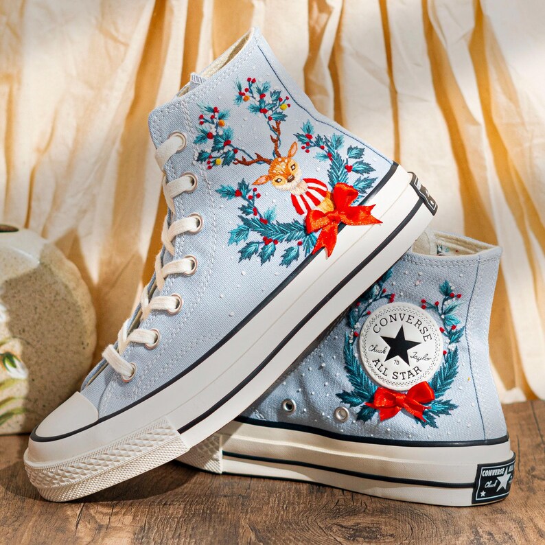 Reindeer & Christmas Flowers Embroidered Converse Shoes, Reindeer  Embroidery Shoes, Winter Holiday Shoes, Merry Christmas Gift for Her