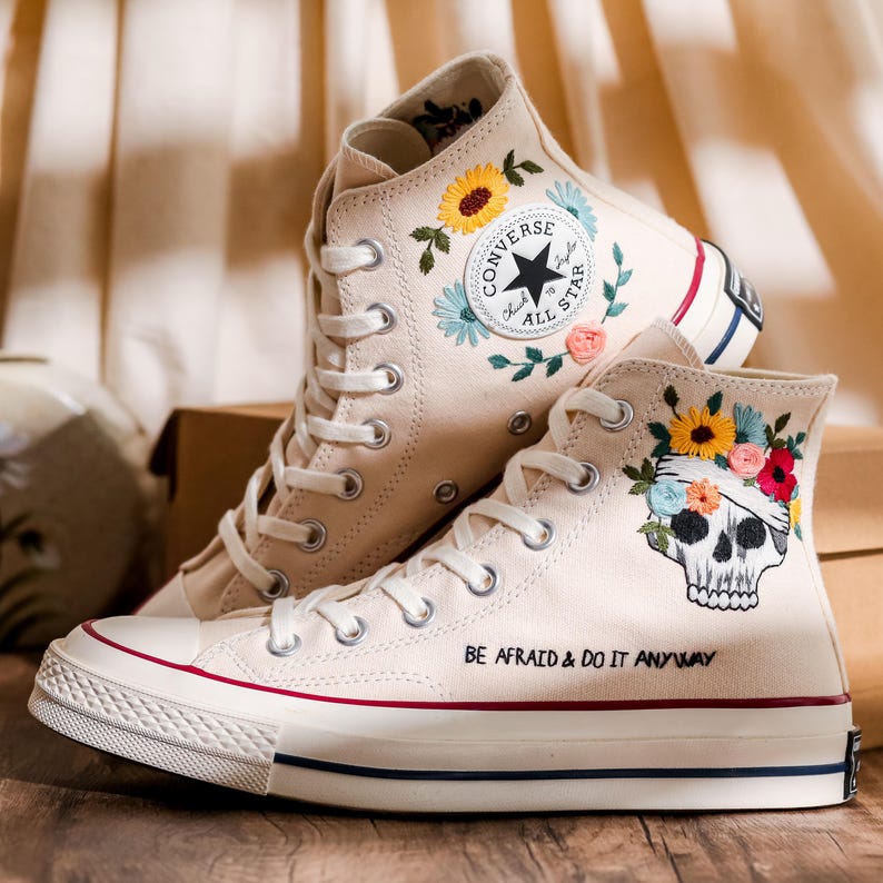 Custom Embroidered Converse High Tops, Custom Shoes Taylor 1970s Flower, Skull Embroidered, Skull Embroidery Converse, Unique Gifts For Her