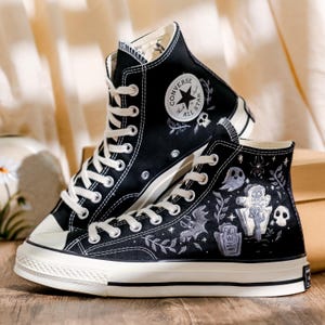 Embroidered Converse, Ghost Embroidered Converse Shoes Custom , Black Converse Embroidery Skull and Bat, Ghost Embroidered Sneakers for Men