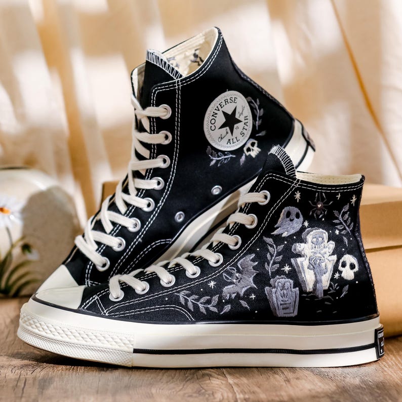 Embroidered Converse, Ghost Embroidered Converse Shoes Custom , Black Converse Embroidery Skull and Bat, Ghost Embroidered Sneakers for Men
