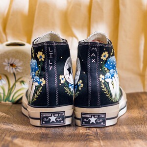 Mystical Embroidered Converse High Tops, Black Sneakers Embroidery With Blue Mushroom Embroidery & Floral, Unique Custom Shoes, Custom Gifts