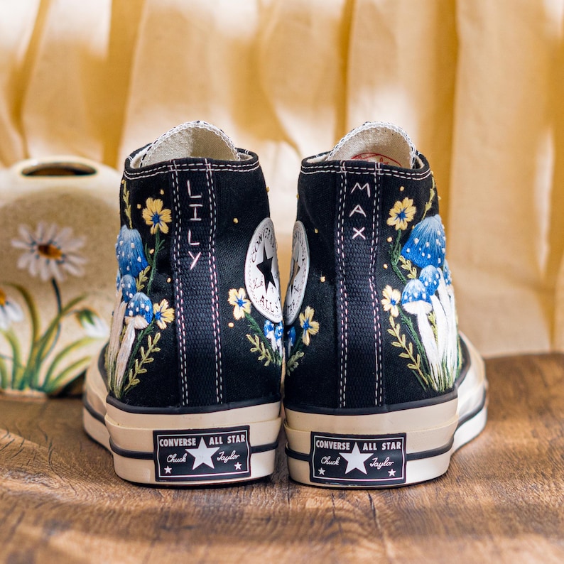 Mystical Embroidered Converse High Tops, Black Sneakers Embroidery With Blue Mushroom Embroidery & Floral, Unique Custom Shoes, Custom Gifts