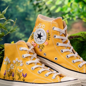 Custom Embroidery Converse High Tops, Yellow Converse Embroidered with Wildflowers, Custom Shoes Embroidery Flowers, Birthday Gift for Her