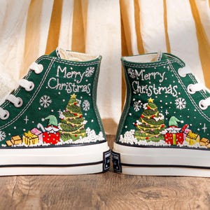 Green Christmas Converse Embroidered Santa, Snowflakes & Tree Embroidery　Shoes, Merry Christmas Personalized Converse, Holiday Gift for Her