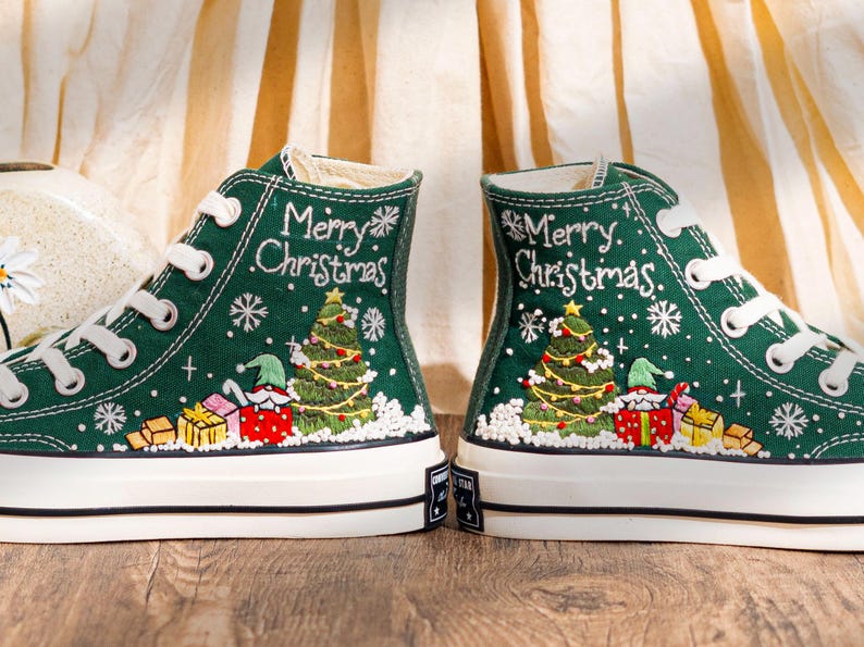 Green Christmas Converse Embroidered Santa, Snowflakes & Tree Embroidery　Shoes, Merry Christmas Personalized Converse, Holiday Gift for Her
