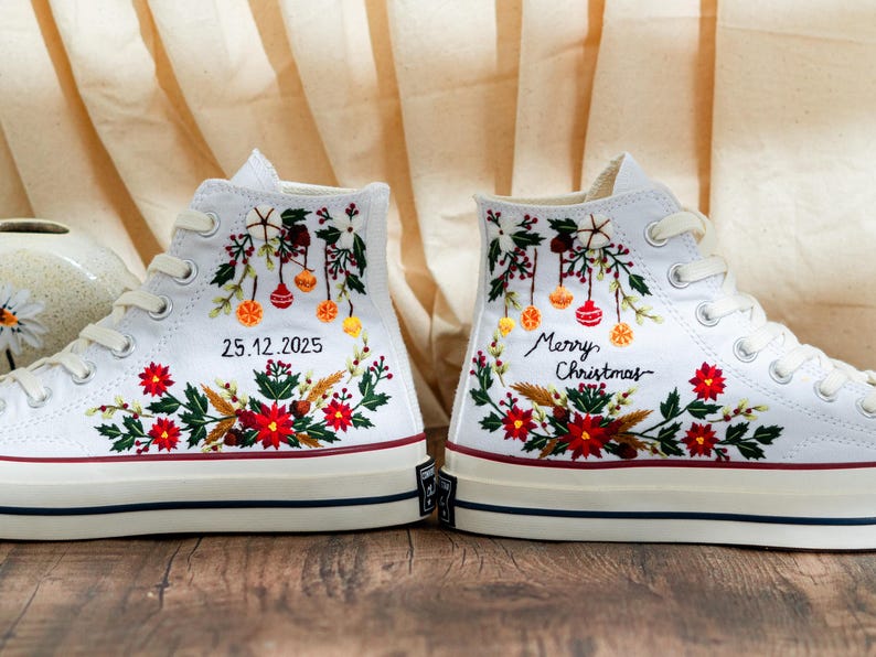Custom Christmas Embroidered Converse Chuck Taylor High Tops, Converse Embroidery With Christmas & Floral, Personalized Shoes, Holiday Gifts