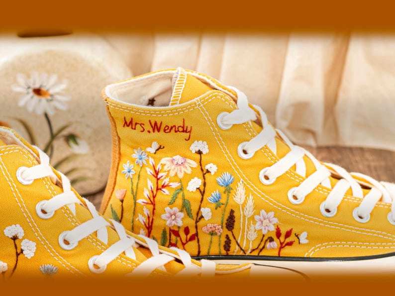 Custom Embroidered Converse: Garden Flower & Name Design