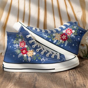 Custom Floral Embroidery Converse For Holiday, Poinsettia Embroidered Converse High Top, Custom Embroidered Sneakers Navy Blue, Women Gift