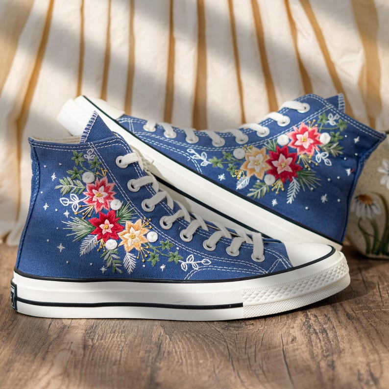 Custom Floral Embroidery Converse For Holiday, Poinsettia Embroidered Converse High Top, Custom Embroidered Sneakers Navy Blue, Women Gift
