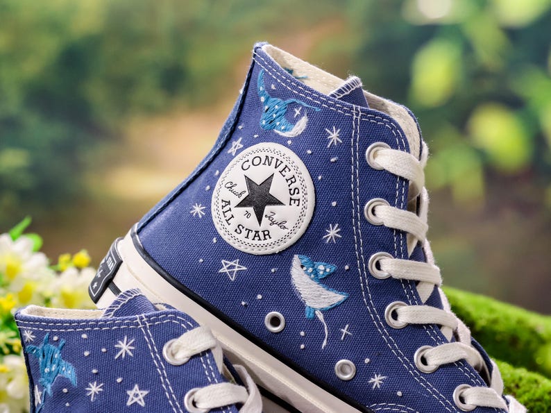 Custom Embroidered Converse, Hammerhead Sharks and Manta Ray Embroidered Shoes, Ocean Vibes Embroidered Sneakers Custom, Gifts for Divers