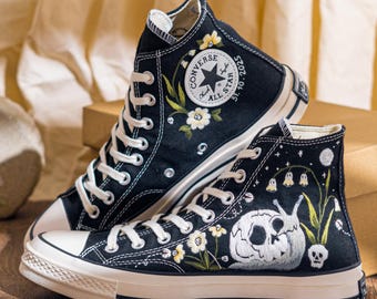 Custom Gothic Embroidered Converse High Tops, Black Canvas Sneakers Embroidery With Skull And Snail, Halloween Converse Shoes, Unique Gifts