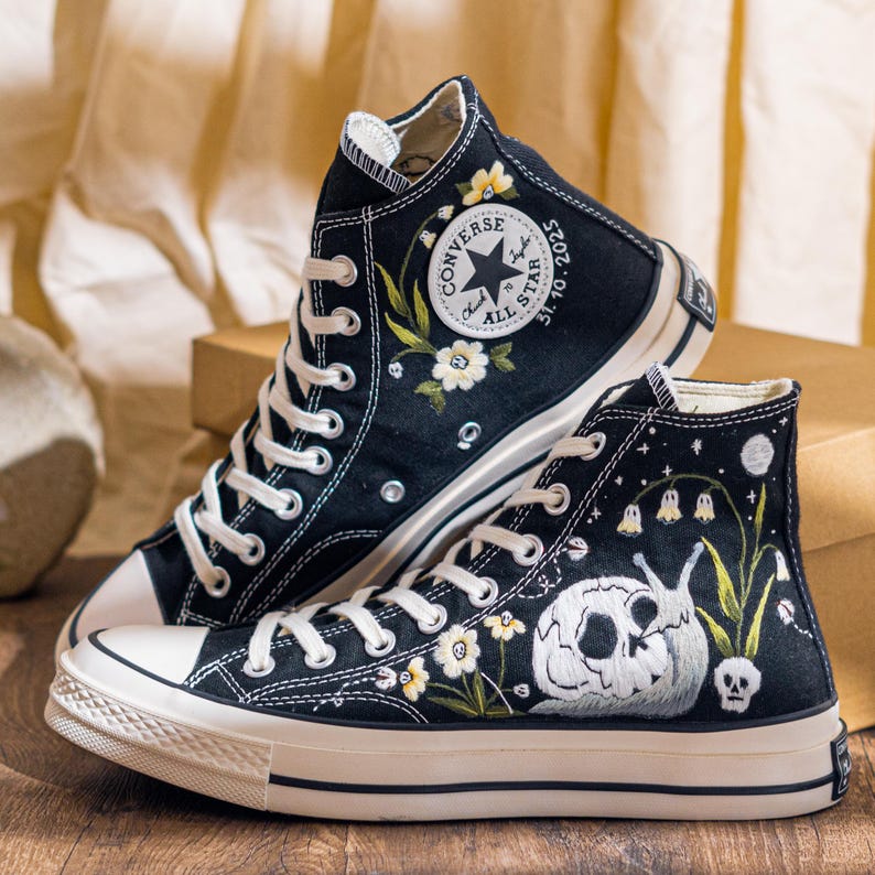 Custom Gothic Embroidered Converse High Tops, Black Canvas Sneakers Embroidery With Skull And Snail, Halloween Converse Shoes, Unique Gifts