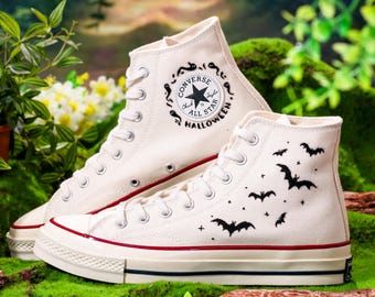 Embroidered Converser, Pumpkins and Ghosts Embroidery Shoes, Halloween Vibes Embroidered Sneakers, Embroidered Wedding Reception Shoes
