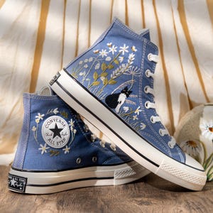 Blue Denim Cat And Floral Design Embroidery Converse, Custom Embroidered Sneakers High Top, Unique Converse Shoes, Custom Gift For Cat Lover