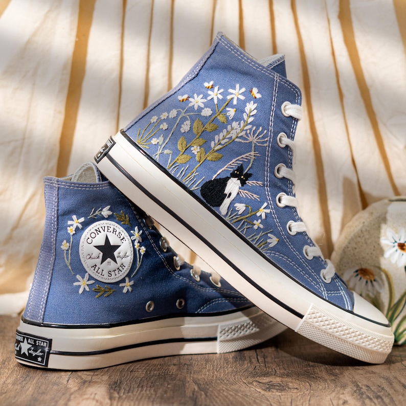Blue Denim Cat And Floral Design Embroidery Converse, Custom Embroidered Sneakers High Top, Unique Converse Shoes, Custom Gift For Cat Lover