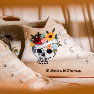 Custom Embroidered Converse High Tops, Custom Shoes Taylor 1970s Flower, Skull Embroidered, Skull Embroidery Converse, Unique Gifts For Her