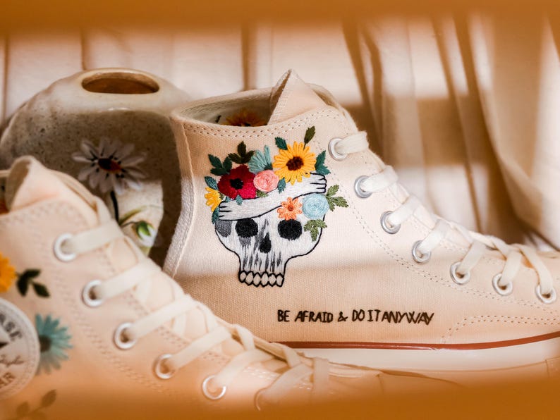 Custom Embroidered Converse High Tops, Custom Shoes Taylor 1970s Flower, Skull Embroidered, Skull Embroidery Converse, Unique Gifts For Her