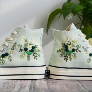 Custom Embroidered Converse Chuck Taylor, Green Flowers Embroidery Convese Shoes, Flower Wedding Embroidered Shoes, Gift for Her