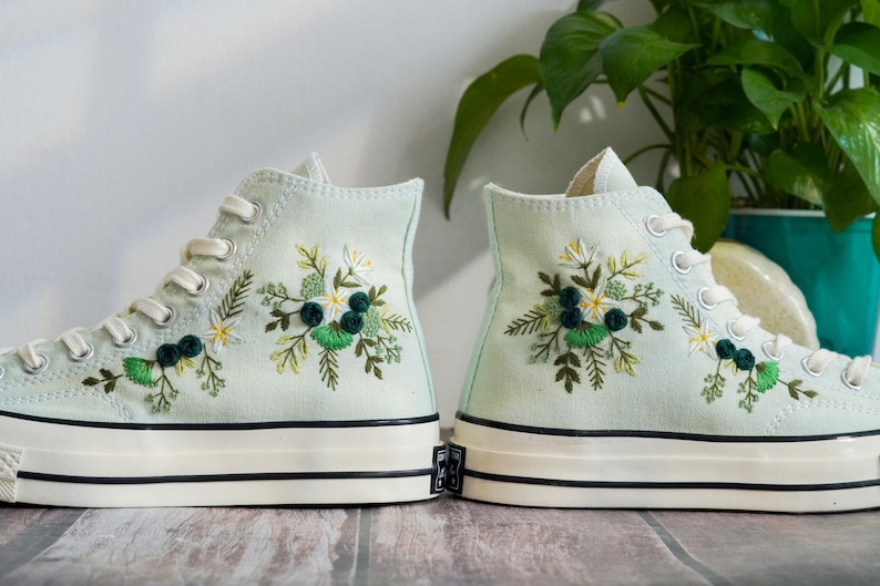 Custom Embroidered Converse Chuck Taylor, Green Flowers Embroidery Convese Shoes, Flower Wedding Embroidered Shoes, Gift for Her