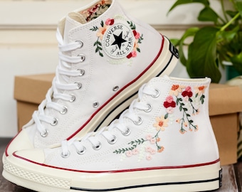 White Wedding Converse Shoes, Bridal Flowers Embroidered Converse, Rose Flower Embroidered Sneakers for Bride, Personalized Bridal Sneaker