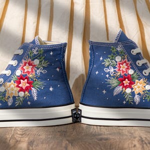 Custom Floral Embroidery Converse For Holiday, Poinsettia Embroidered Converse High Top, Custom Embroidered Sneakers Navy Blue, Women Gift