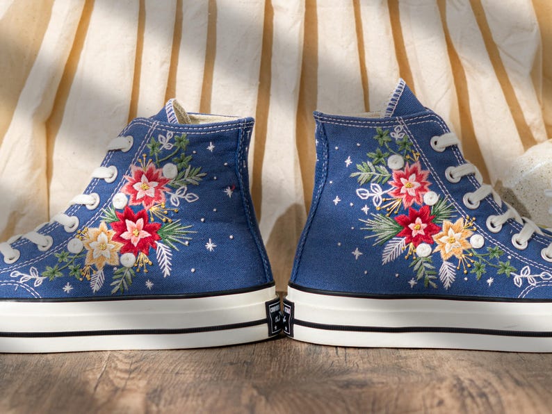 Custom Floral Embroidery Converse For Holiday, Poinsettia Embroidered Converse High Top, Custom Embroidered Sneakers Navy Blue, Women Gift