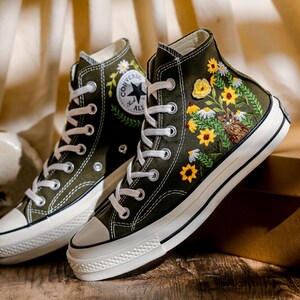 Custom Converse Embroidery Cat, Sunflowers Embroidered Converse High Tops, Graden Sunflowers, Pet Embroidered Shoes Custom, Pet Lover Gift