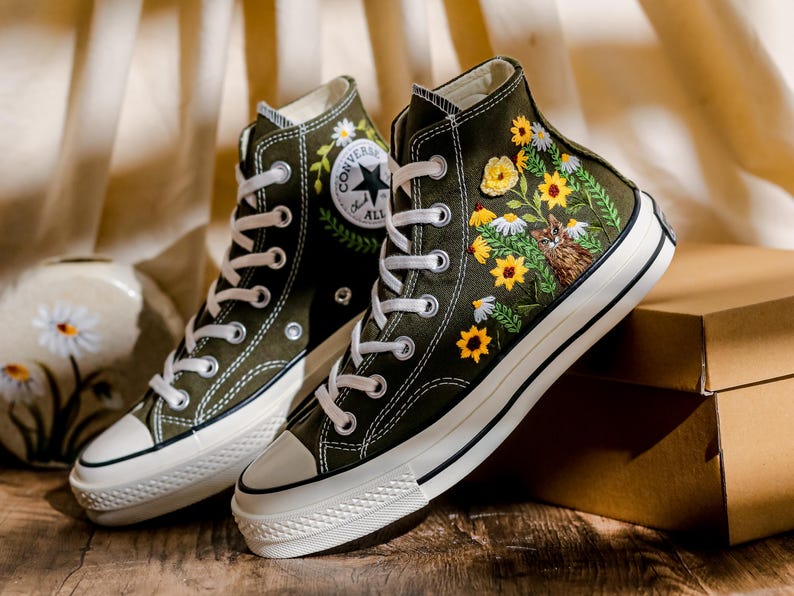 Custom Converse Embroidery Cat, Sunflowers Embroidered Converse High Tops, Graden Sunflowers, Pet Embroidered Shoes Custom, Pet Lover Gift