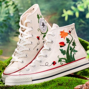 Custom Converse Embroidery, Trumpet Creeper Flower Embroidered Converse, Trumpet Vine and Ladybug Embroidered Shoes Custom , Gift for Her