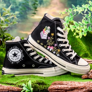 Hand-Embroidered Book & Mushroom Floral Converse,Book Embroidered Converse Shoes, Flower Embroidered Sneaker,Magical Graduation Gift for Her