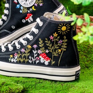 Embroidered Converse,  Custom  Sun, Mushrooms & Wildflowers Embroidery Converse, Sneaker Embroidered Floral, Whimsical Nature-Inspired Shoe