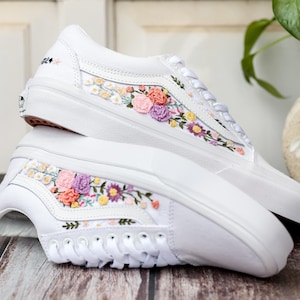Bridal Flower Embroidered Vans, 3D Flowers Embroidered Vans for Bride, Wedding Flowers Embroidered Shoes, Sneakers Wedding Embroidery Floral