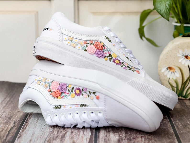 Bridal Flower Embroidered Vans, 3D Flowers Embroidered Vans for Bride, Wedding Flowers Embroidered Shoes, Sneakers Wedding Embroidery Floral