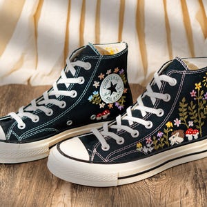 Handcrafted Embroidered Converse High Top, Custom Floral Embroidery Converse, Hedgehog And Mushroom Design Embroidered Sneakers, Unique Gift
