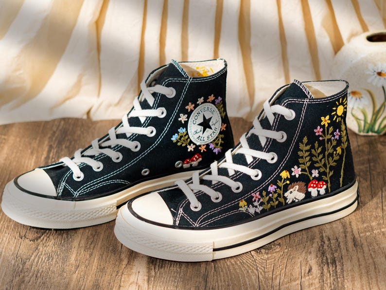 Handcrafted Embroidered Converse High Top, Custom Floral Embroidery Converse, Hedgehog And Mushroom Design Embroidered Sneakers, Unique Gift