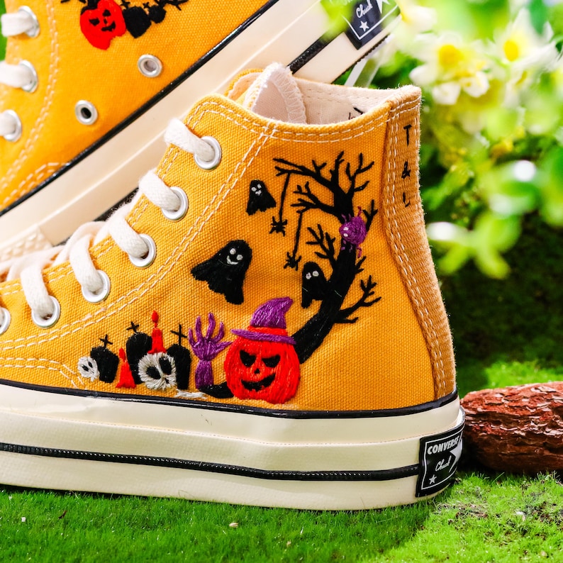 Halloween Embroidered Converse Custom, Pumpkin, Ghost Embroidered Shoes, Halloween Vibes Embroidery Sneakers, Halloween Embroidery Designs