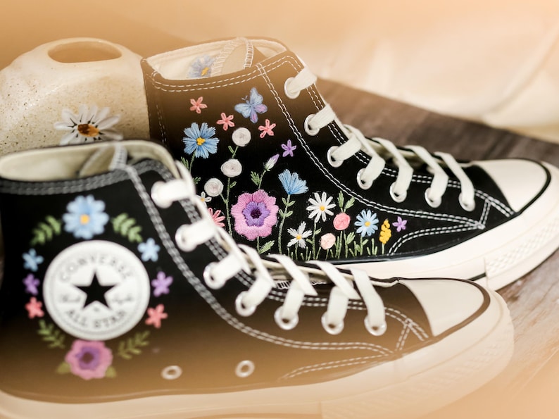 Custom Converse Chuck Taylor Embroidered Garden Flowers, Embroidered Converse Flowers, Flower Embroidered Shoes, Birthday Gifts for Her