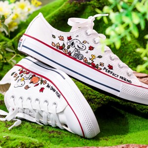 Handpainted Embroidered Converse Low Top, Converse Embroidery Cute Beagle Dog & Little Yellow Bird, Custom Animal Lovers’ Sneakers