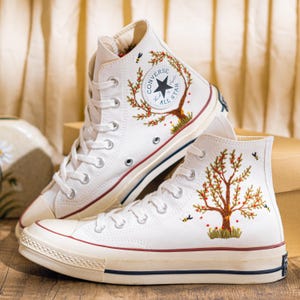 Custom Embroidered Converse Chuck Taylor High Top, Sneaker Embroidery Autumn Forest Tree Theme, Converse Shoes Embroidered Nature, Gift Idea