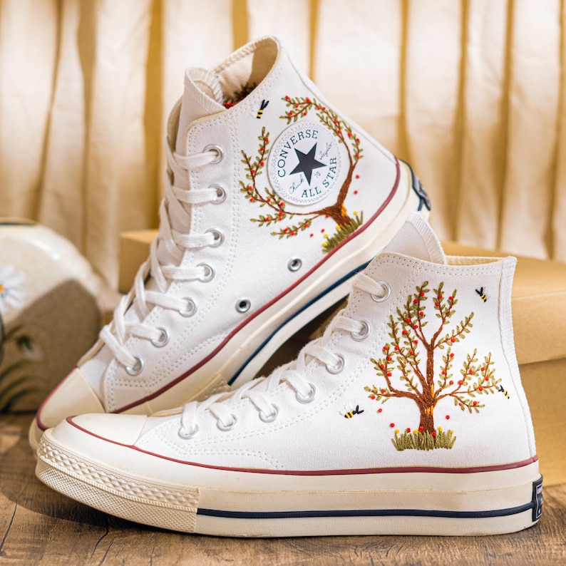 Custom Embroidered Converse Chuck Taylor High Top, Sneaker Embroidery Autumn Forest Tree Theme, Converse Shoes Embroidered Nature, Gift Idea