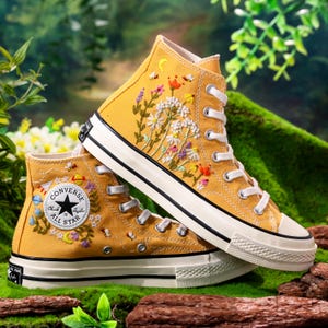 Embroidered Yellow Converse,Custom High Tops Embroidered Tiny Wildflower Garden, Flower Embroidered Converse Shoes,Floral Embroidery Sneaker